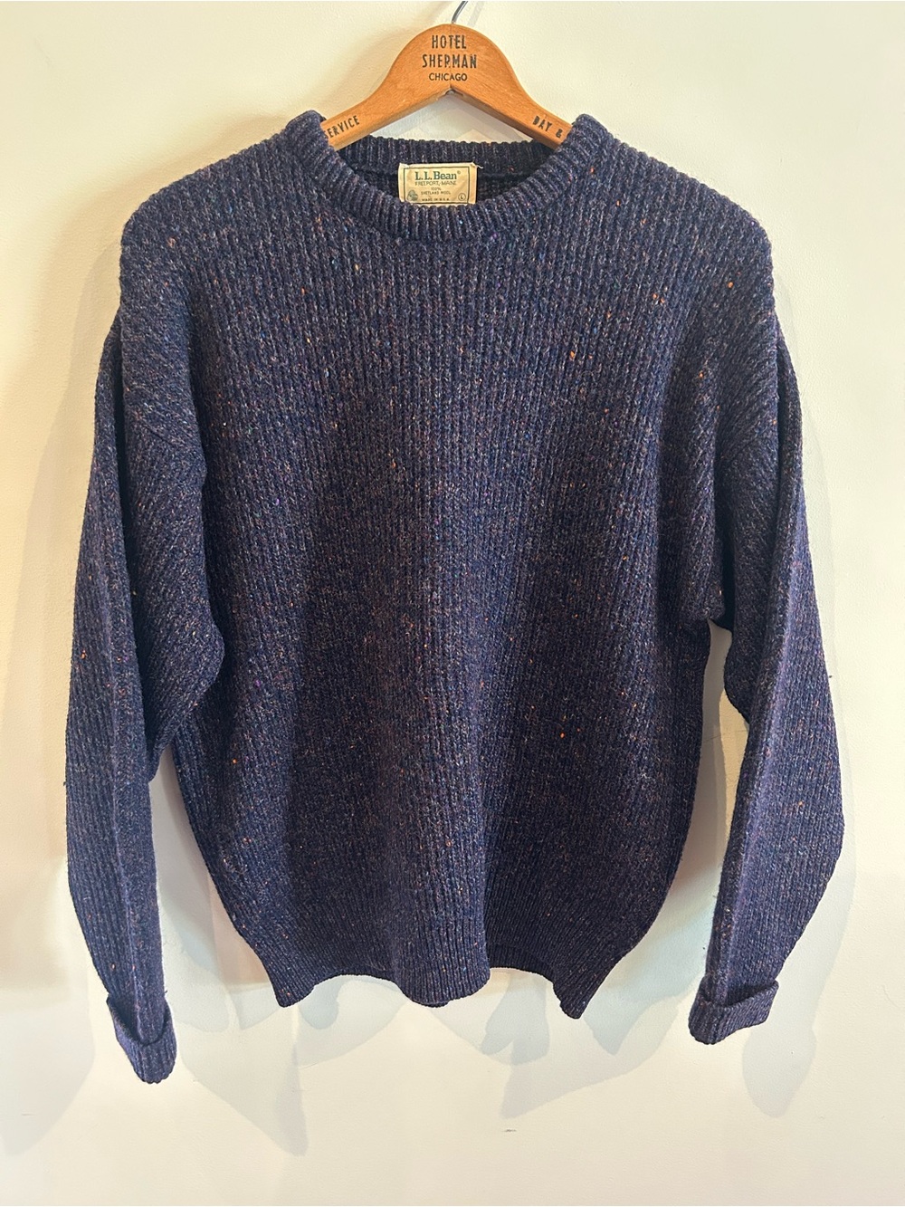 Vintage L.L. Bean Shetland Wool Sweater Mens Large Purple Tweed Speckle
